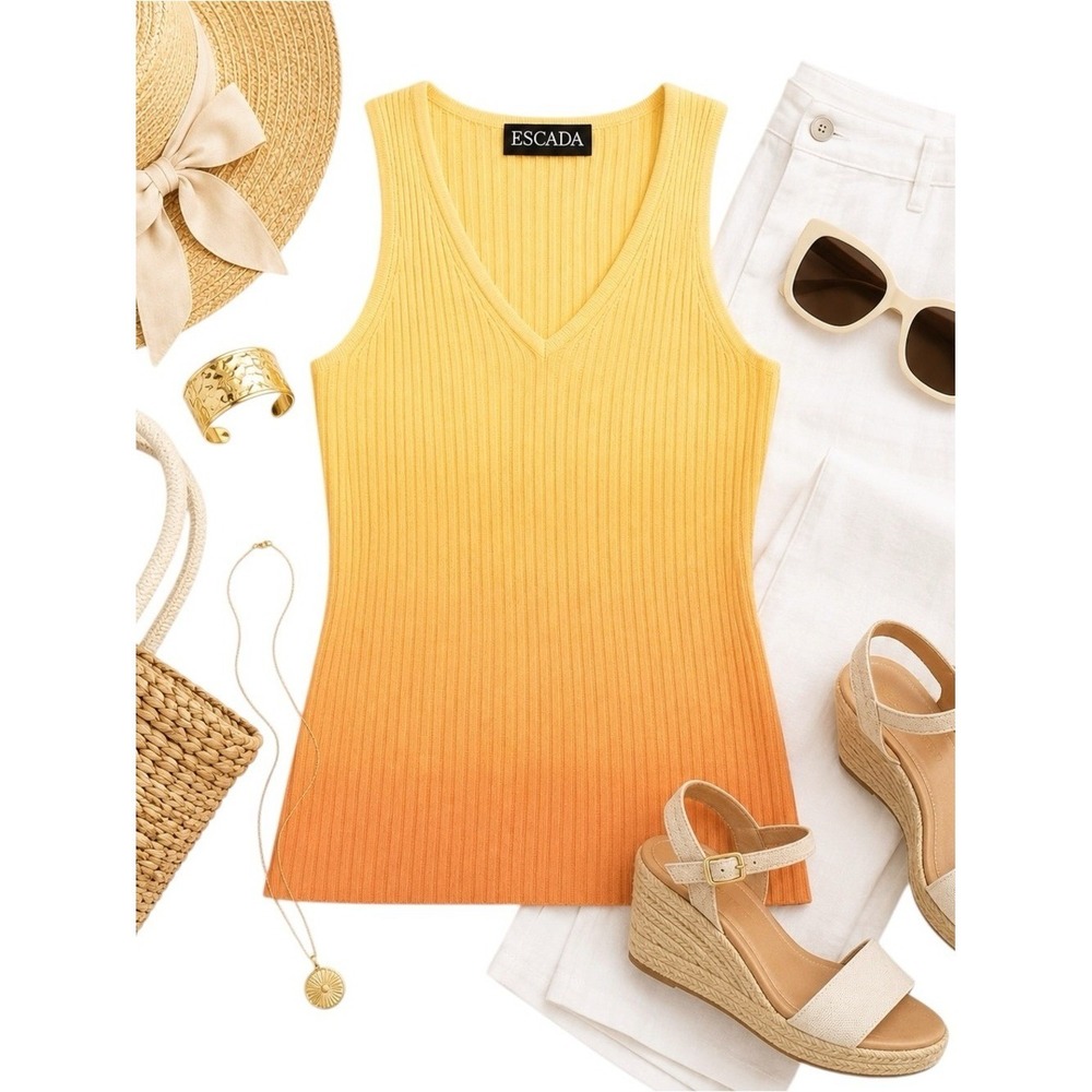 Escada Margaretha Ley Ribbed Wool Bld V-Neck Sleeveless Top Yellow Ombré 38 FLAW